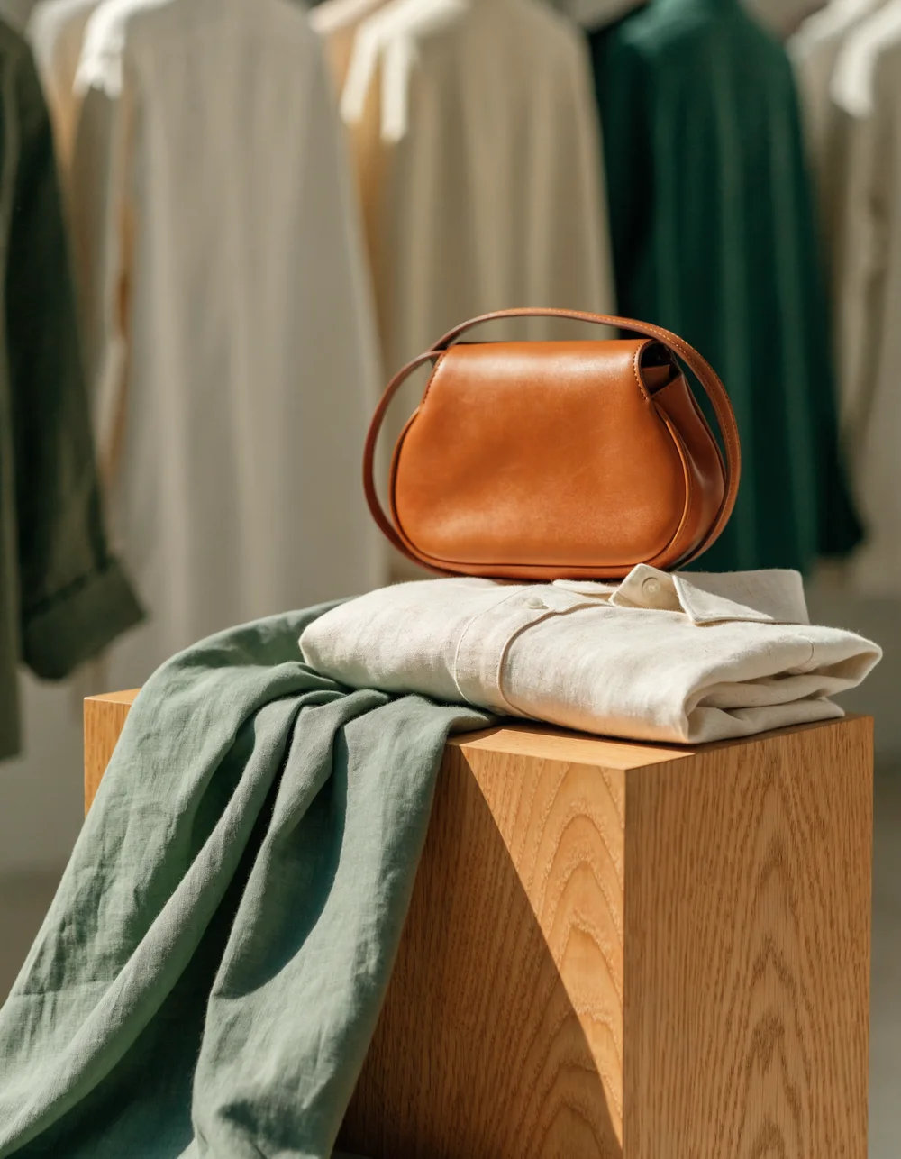 Bolso de cuero sin marca y prendas de lino en una tienda